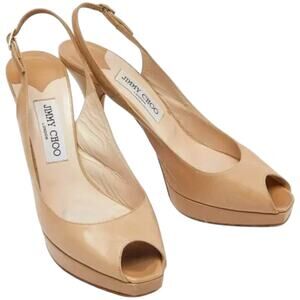 Jimmy Choo Heels Stiletto Slingback Platform Peep Toe Leather Beige EU39.5 US8.5